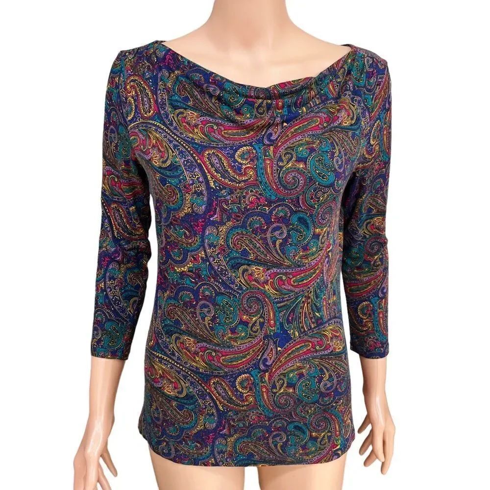 Talbots Jewel Tone Paisley Cowl Neck Stretch Top blouse size XS